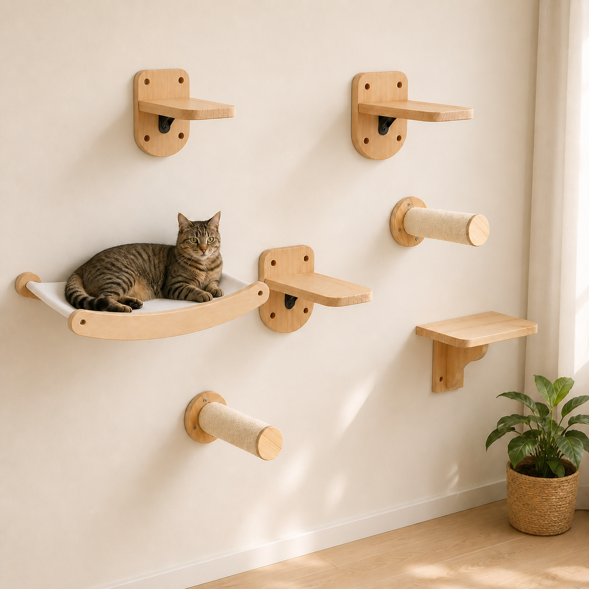Kit Aventure Chaltitude avec trois marches, un hamac, deux griffoirs et une étagère, utilisé par un chat — mise en situation illustrative