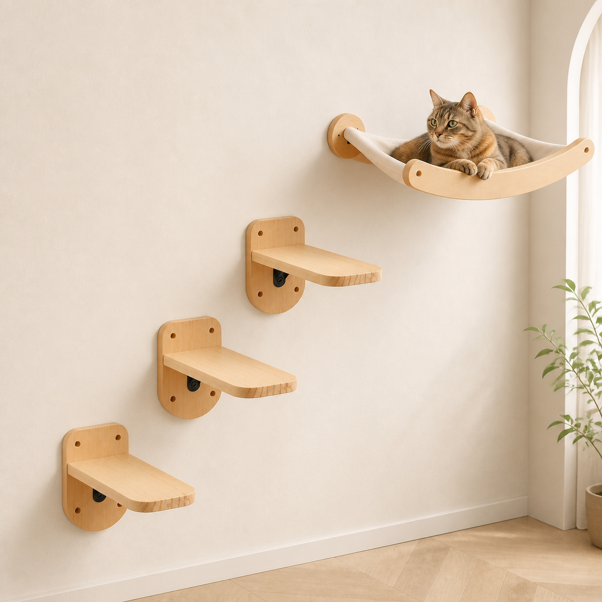 Kit Découverte Chaltitude avec trois marches et un hamac, utilisé par un chat — mise en situation illustrative