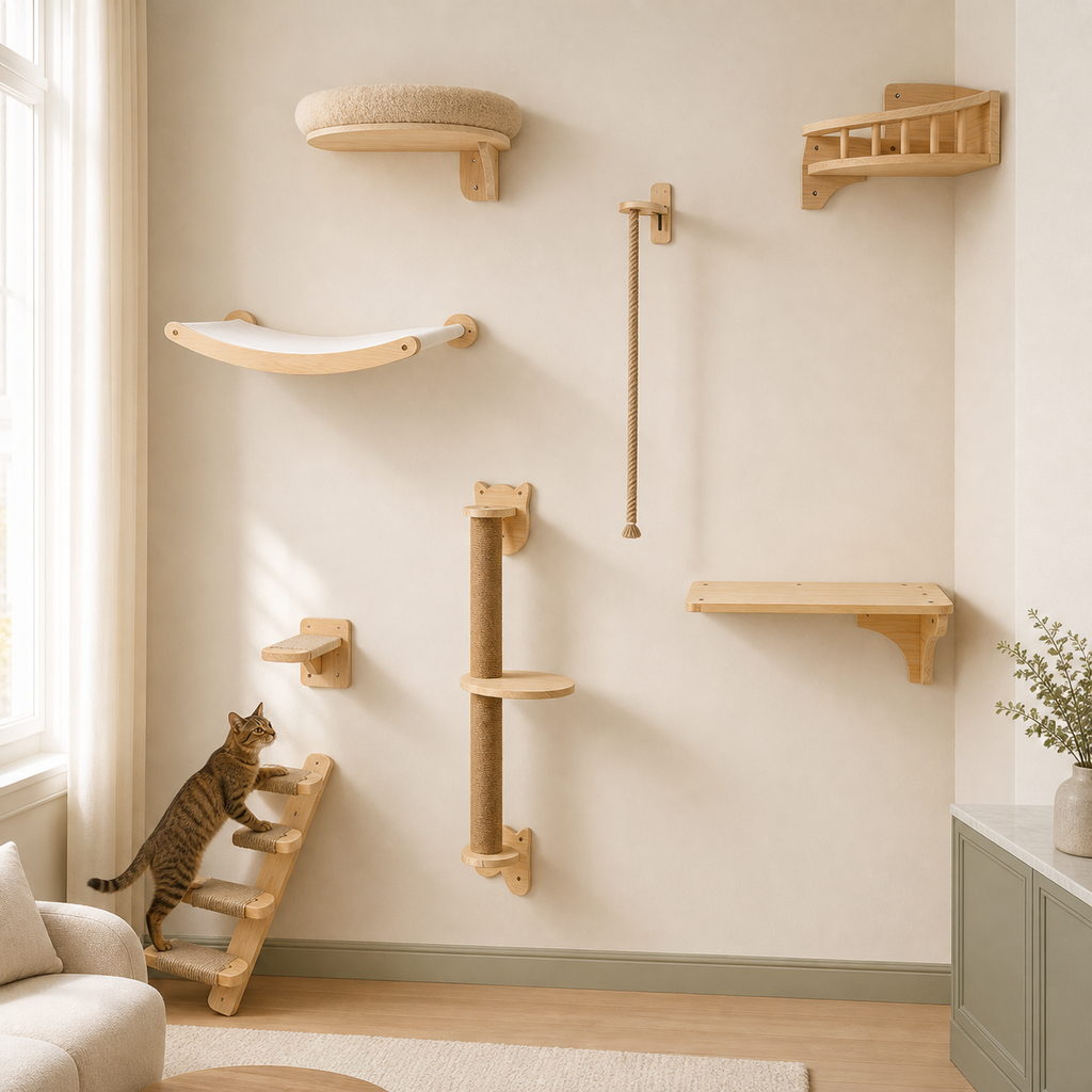 Parcours mural modulable Chaltitude installé dans un intérieur lumineux avec un chat